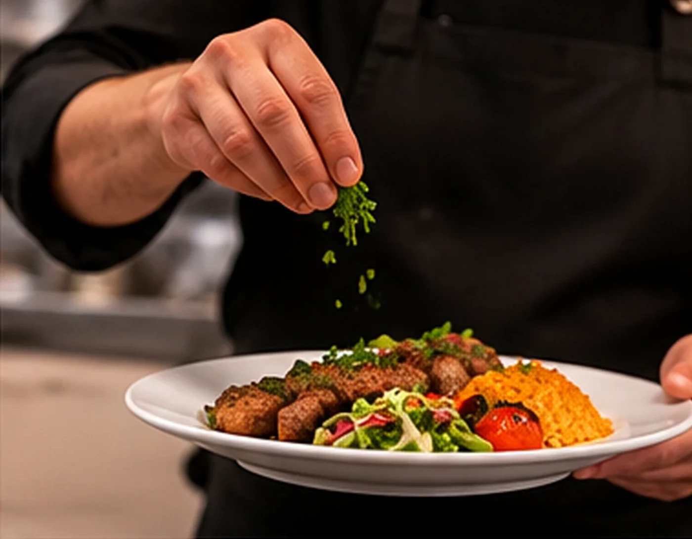 Chef plating a dish in a kitchen — illustrative image
