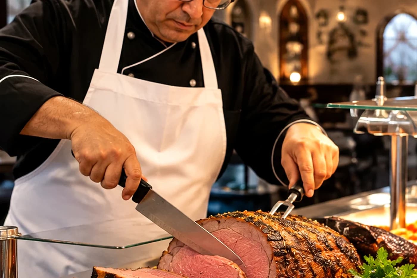 Chef carving a roast joint at a carvery counter — illustrative image