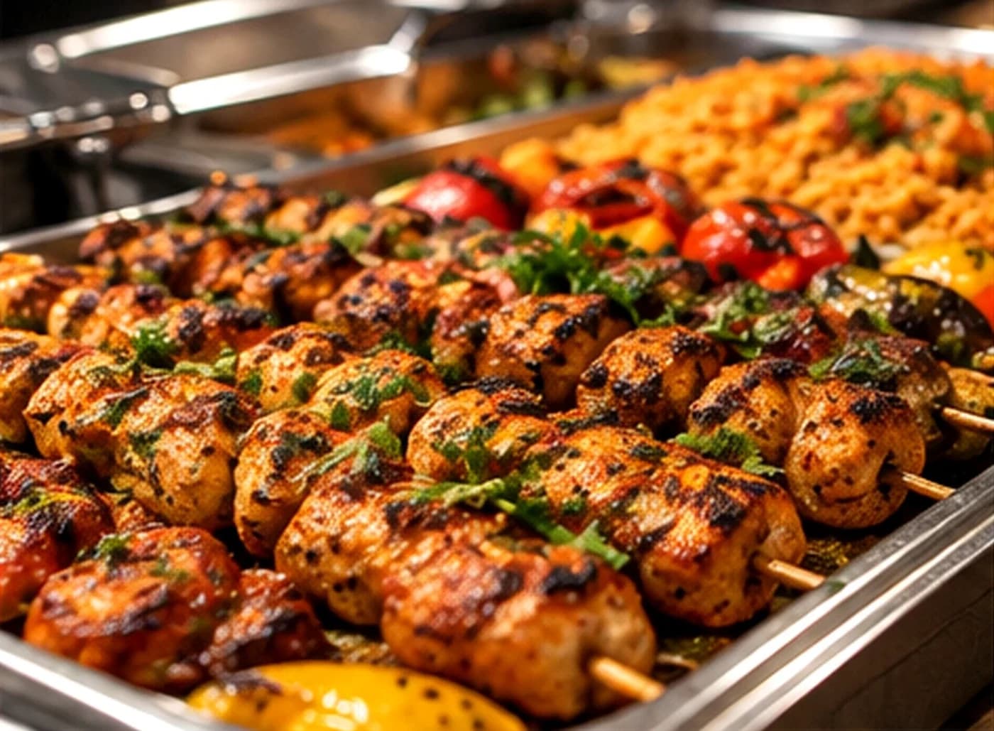 Turkish catering dishes in serving trays — illustrative image