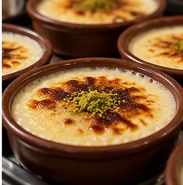 Baked rice pudding in clay dishes — illustrative image