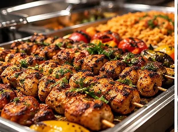 Marinated chicken skewers in a serving tray — illustrative image